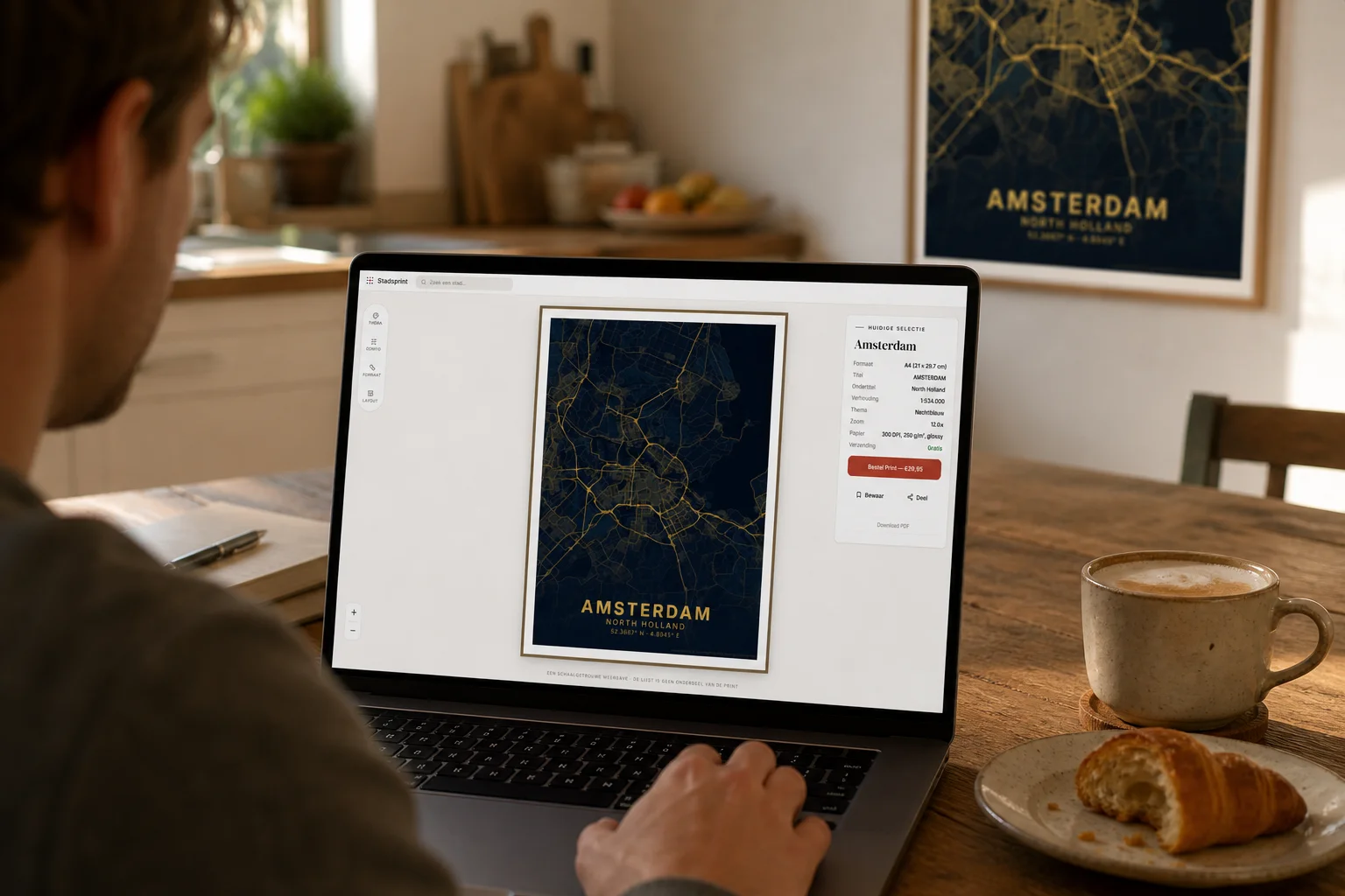 Kaartposter van Amsterdam in de Stadsprint editor met stijlopties