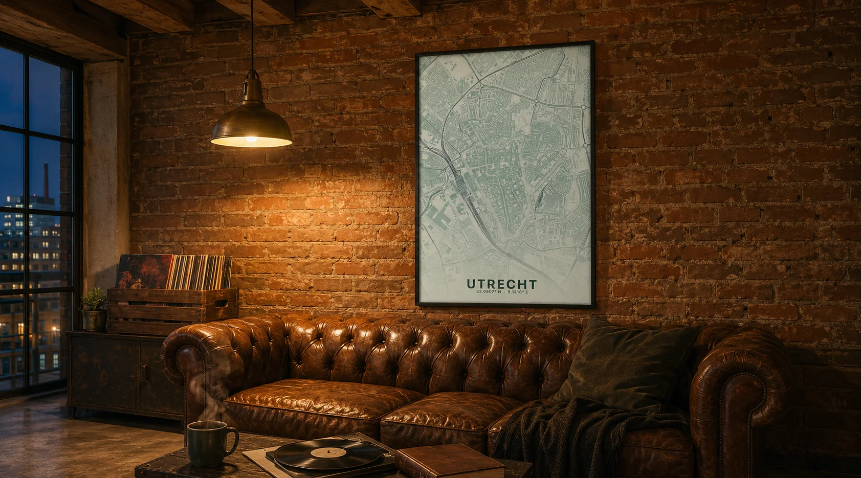 Gepersonaliseerde stadskaart ingelijst boven een lichte bank in een warm Nederlands interieur