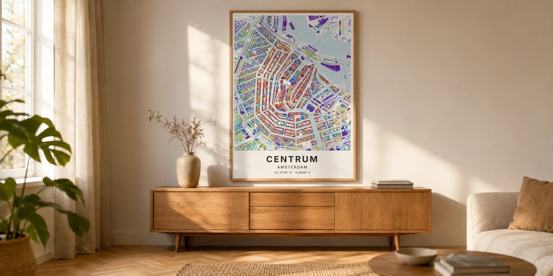 Stadsprint poster met bouwjaarkleuren van een Nederlandse stad, ingelijst aan de muur