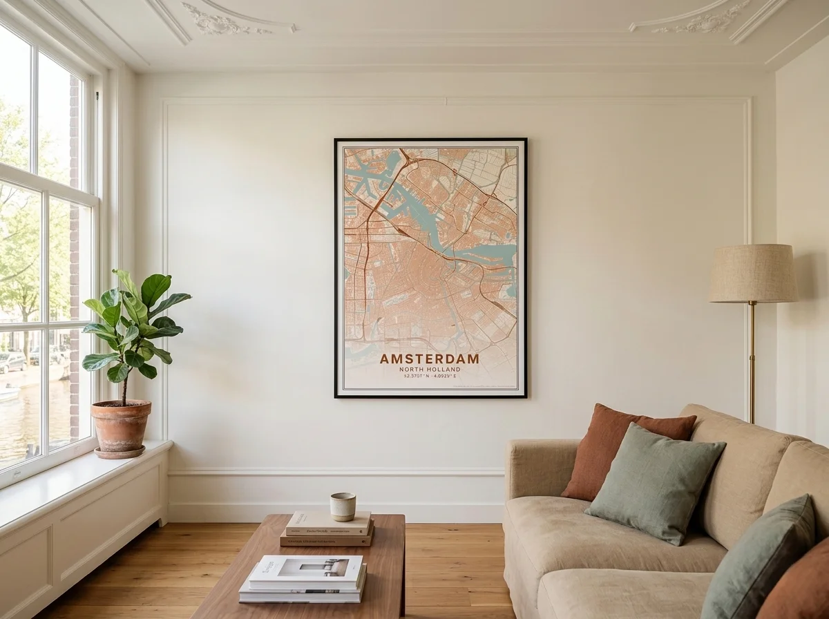 Stadsprint kaartposter van Amsterdam aan de muur in een Amsterdams grachtenpand