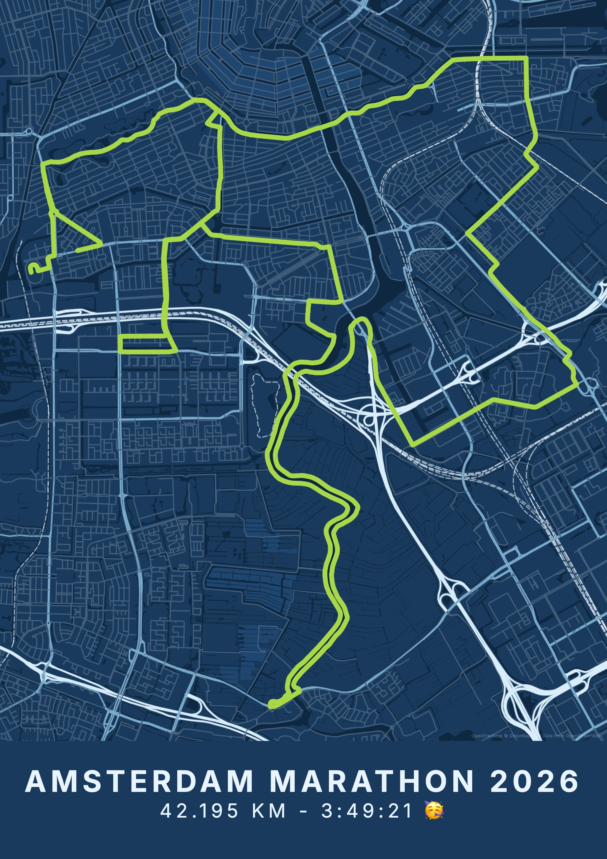 Amsterdam Marathon kaartposter in blueprint stijl, staand formaat