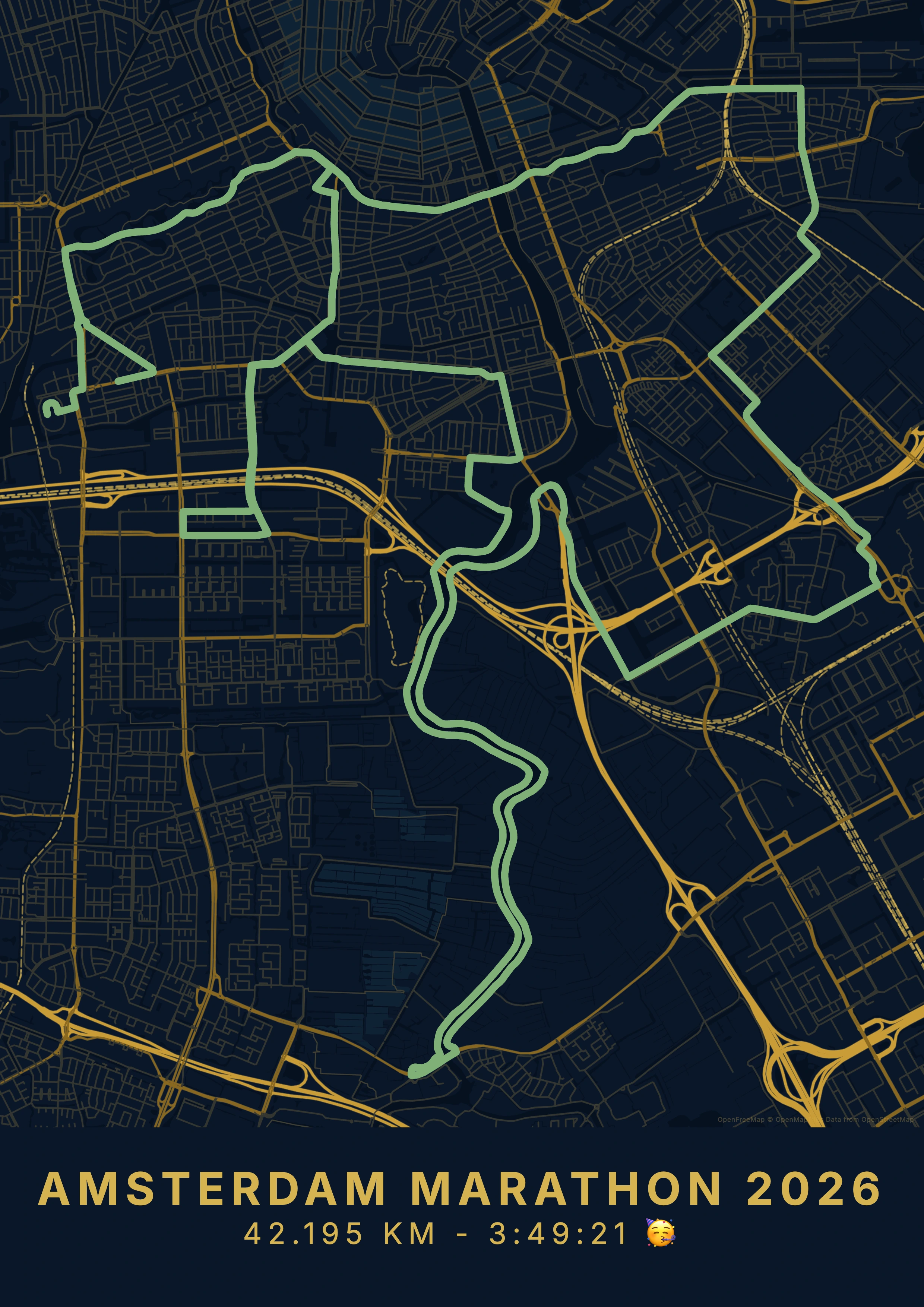 Amsterdam Marathon kaartposter in midnight blue stijl, staand formaat