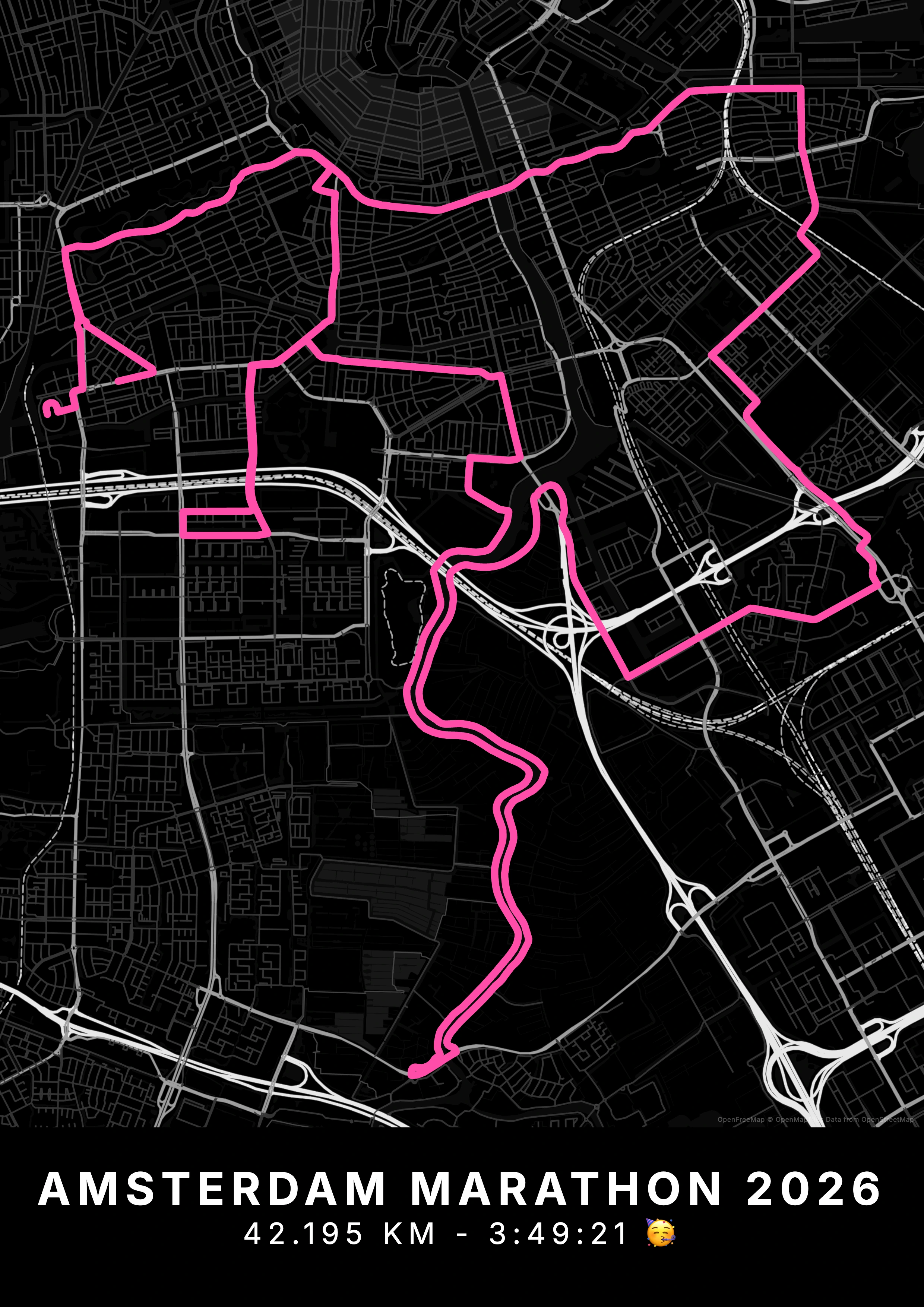 Amsterdam Marathon kaartposter in noir stijl, staand formaat