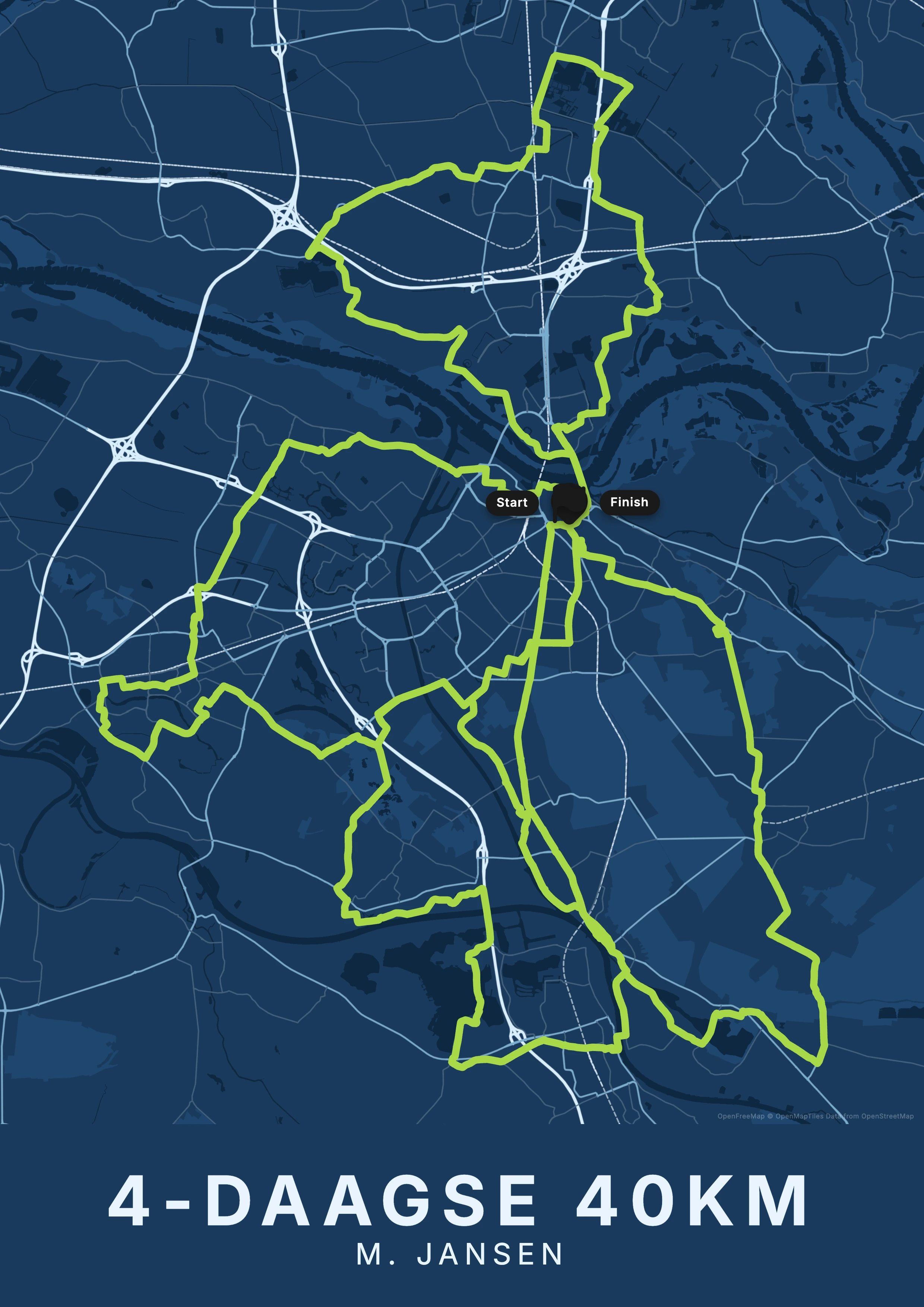 Vierdaagse Nijmegen kaartposter in blueprint stijl, staand formaat