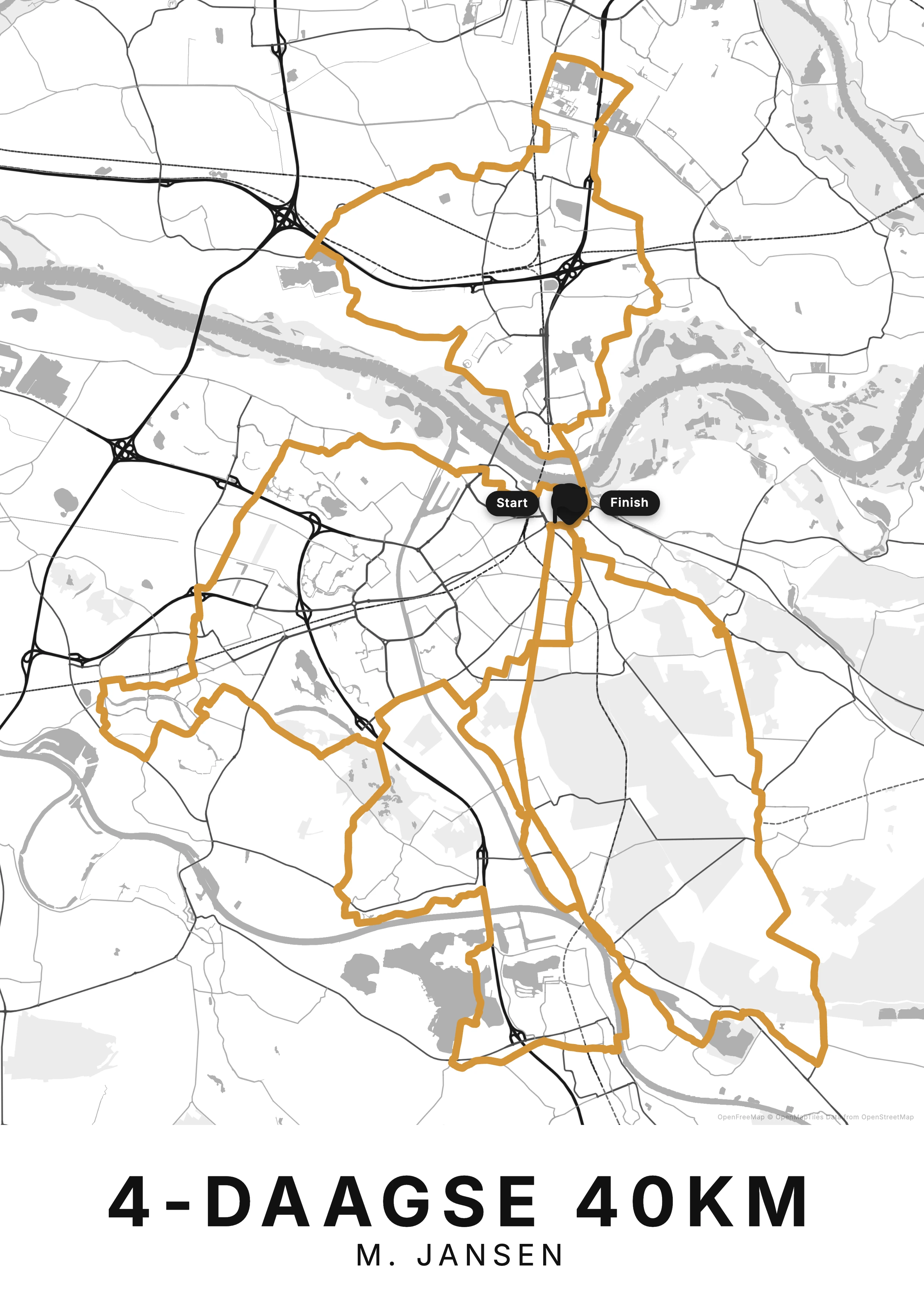 Kaartposter Vierdaagse Nijmegen met de klaverblad-route rond Nijmegen