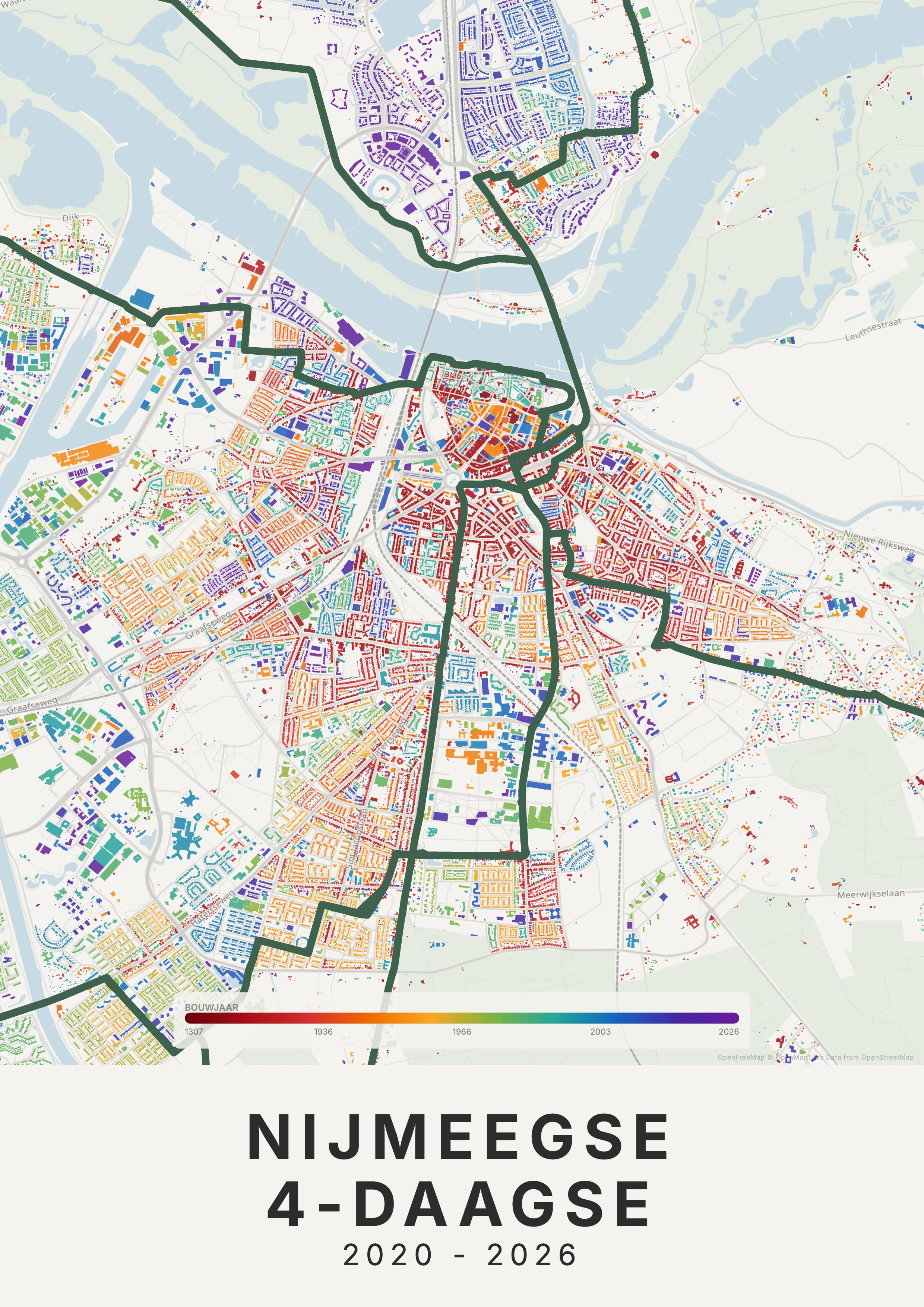 Vierdaagse Nijmegen kaartposter in tijdlaag stijl, staand formaat